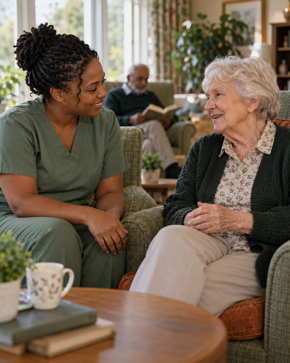 A care professional listening to an older woman in a comfortable sitting room.