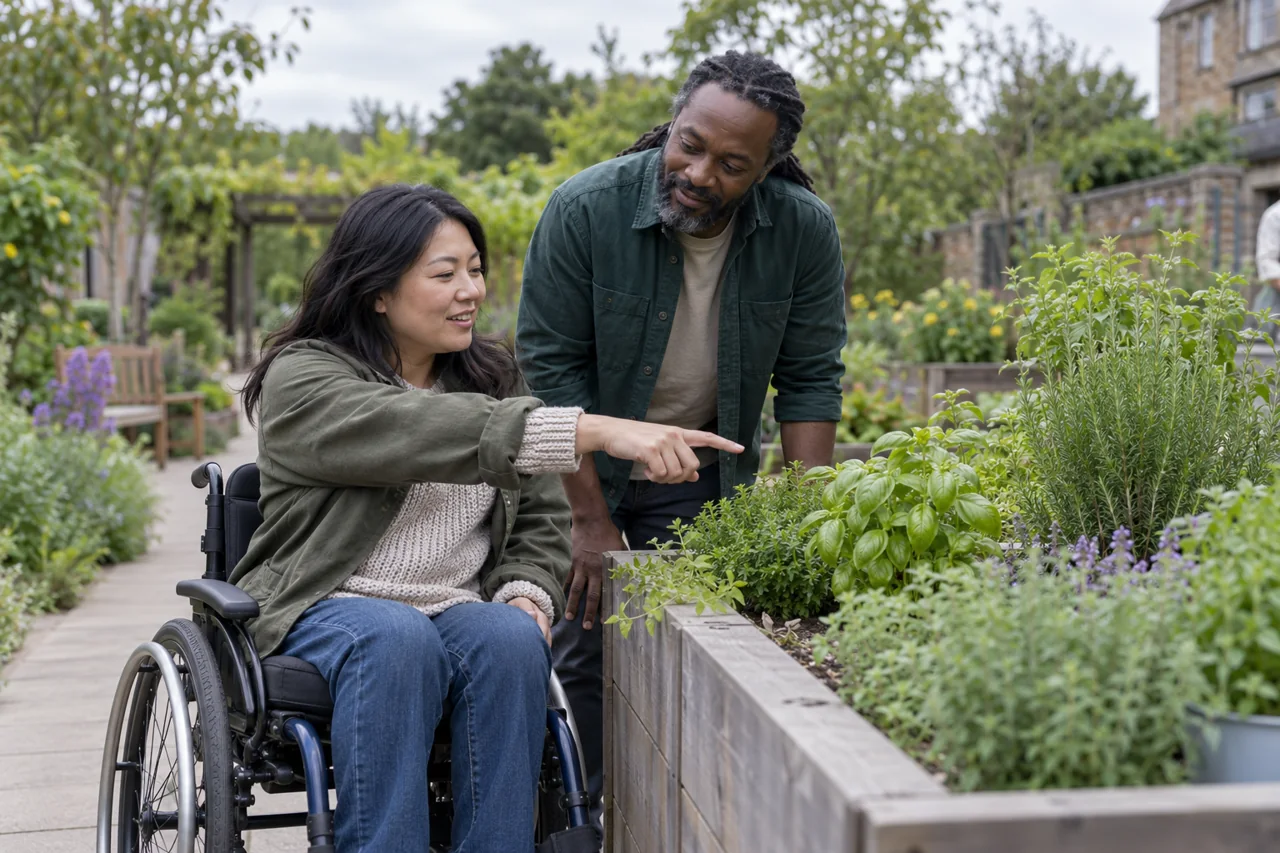 An adult wheelchair user choosing herbs beside a support professional in an accessible garden.